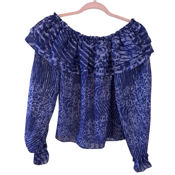 NWT Ramy Brook Alanna Off Shoulder Ruffle Blouse Blue Animal Print XXS - Picture 7 of 11
